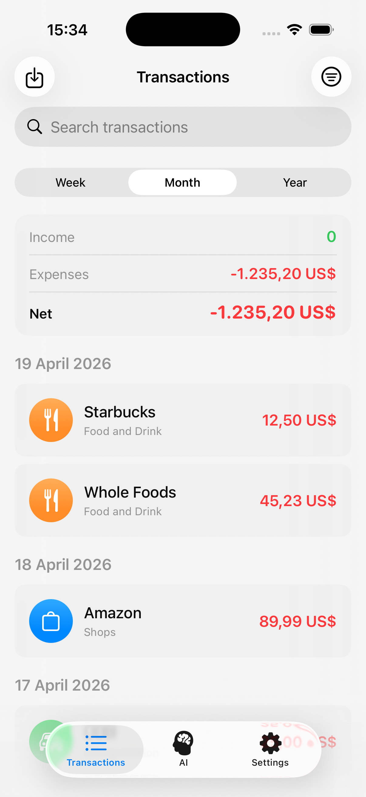 Transactions view